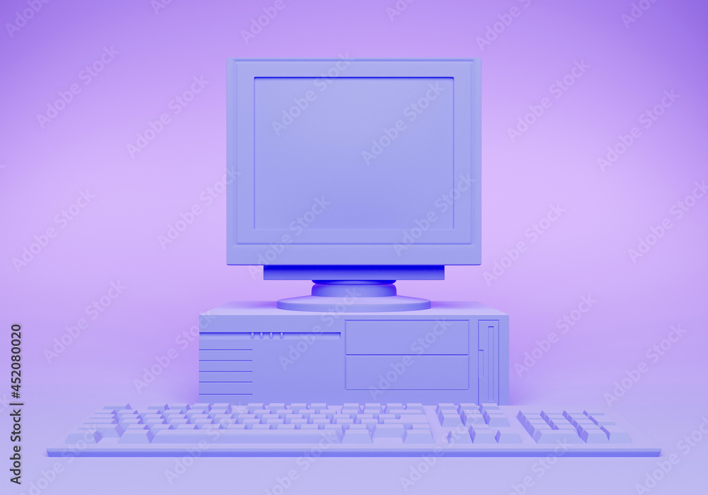 Poster colorful vintage computer mock-up with keyboard. front view. 3d rendering