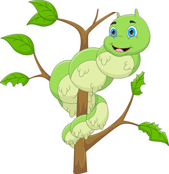 cartoon happy caterpillar on the tree