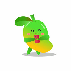 Mango fruit cartoon vector illustration with happy expression looking at cell phone