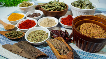 インドカレーのスパイス（ターメリック、パプリカ、カルダモン、丁子、ランペ、クミン等）