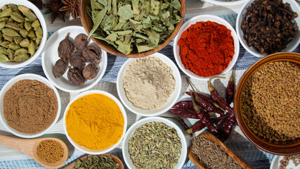 インドカレーのスパイス（ターメリック、パプリカ、カルダモン、丁子、ランペ、クミン等）