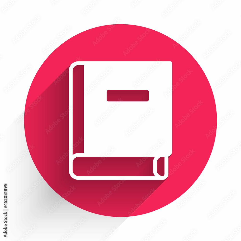 Poster white science book icon isolated with long shadow background. red circle button. vector