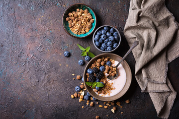 Bowl of healthy breakfast with granola, yogurt, fresh berries and mint