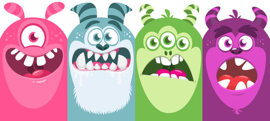 Fototapeta premium Funny cartoon monster faces emotions set. Illustration of mythical alien creatures different expression. Halloween party design. Great package design.