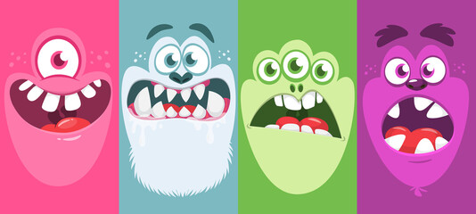 Funny cartoon monster faces emotions set. Illustration of mythical alien creatures different expression. Halloween party design. Great package design.