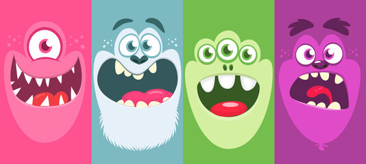 Funny cartoon monster faces emotions set. Illustration of mythical alien creatures different expression. Halloween party design. Great package design.