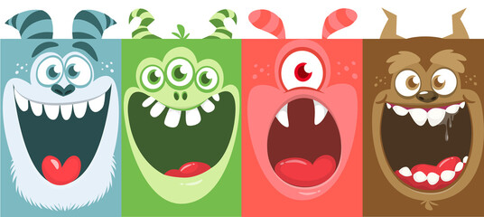 Funny cartoon monster faces emotions set. Illustration of mythical alien creatures different expression. Halloween party design. Great package design.