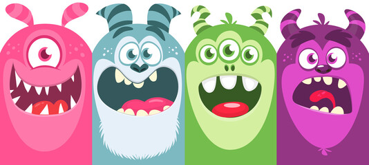 Funny cartoon monster faces emotions set. Illustration of mythical alien creatures different expression. Halloween party design. Great package design.