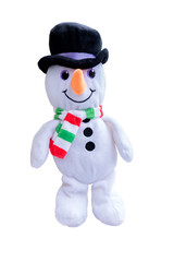 A toy snowman in a scarf in the colors of the Italian flag. On a white background.