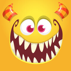 Funny cartoon monster character face expression. Illustration of cute and happy mythical alien creature. Halloween design