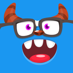 Funny cartoon monster character face expression. Illustration of cute and happy mythical alien creature. Halloween design