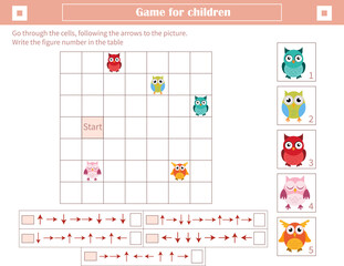  A game for children. Development of spatial thinking. Go through the cells, following the arrows to the picture. Mark the figure number in the table