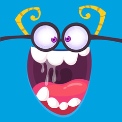Funny cartoon monster character face expression. Illustration of cute and happy mythical alien creature. Halloween design