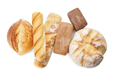 Assortment of fresh bread on white background