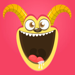 Funny cartoon monster character face expression. Illustration of cute and happy mythical alien creature. Halloween design
