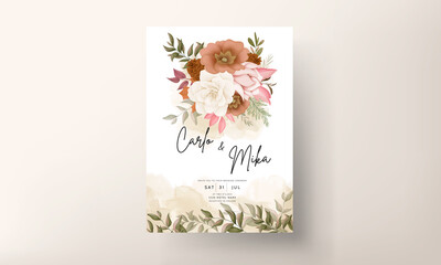 Elegant autumn floral wedding invitation card with rose and pine flower