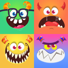 Funny cartoon monster faces emotions set. Illustration of mythical alien creatures different expression. Halloween party design. Great package design.