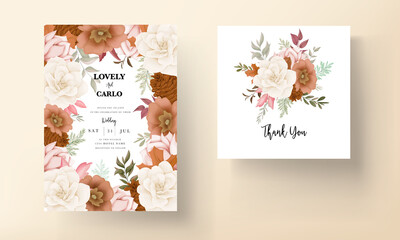Elegant autumn floral wedding invitation card with rose and pine flower