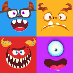 Funny cartoon monster faces emotions set. Illustration of mythical alien creatures different expression. Halloween party design. Great package design.