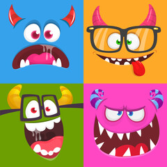 Funny cartoon monster faces emotions set. Illustration of mythical alien creatures different expression. Halloween party design. Great package design.