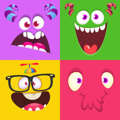 Funny cartoon monster faces emotions set. Illustration of mythical alien creatures different expression. Halloween party design. Great package design.