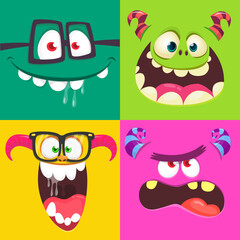 Funny cartoon monster faces emotions set. Illustration of mythical alien creatures different expression. Halloween party design. Great package design.