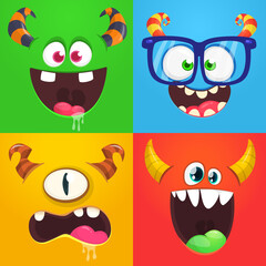 Funny cartoon monster faces emotions set. Illustration of mythical alien creatures different expression. Halloween party design. Great package design.
