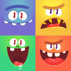 Funny cartoon monster faces emotions set. Illustration of mythical alien creatures different expression. Halloween party design. Great package design.