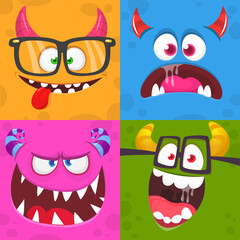 Funny cartoon monster faces emotions set. Illustration of mythical alien creatures different expression. Halloween party design. Great package design.