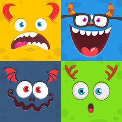 Funny cartoon monster faces emotions set. Illustration of mythical alien creatures different expression. Halloween party design. Great package design.