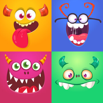 Funny cartoon monster faces emotions set. Illustration of mythical alien creatures different expression. Halloween party design. Great package design.