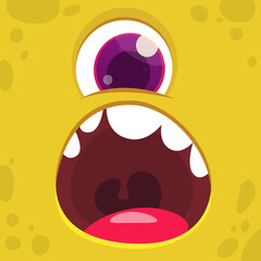 Funny cartoon monster character face expression. Illustration of cute and happy mythical alien creature. Halloween design