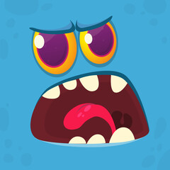 Angry cartoon monster face. Illustration of grumpy and mad creature expression. Halloween design