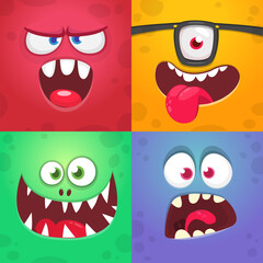 Funny cartoon monster faces. Illustration of  alien creature different expression. Halloween design. Great for party decoration or package design