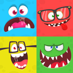 Funny cartoon monster faces. Illustration of  alien creature different expression. Halloween design. Great for party decoration or package design