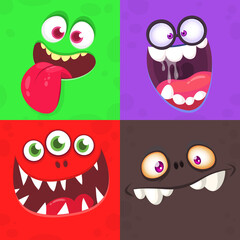 Funny cartoon monster faces. Illustration of  alien creature different expression. Halloween design. Great for party decoration or package design