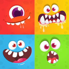 Funny cartoon monster faces. Illustration of  alien creature different expression. Halloween design. Great for party decoration or package design