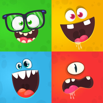 Funny cartoon monster faces. Illustration of  alien creature different expression. Halloween design. Great for party decoration or package design