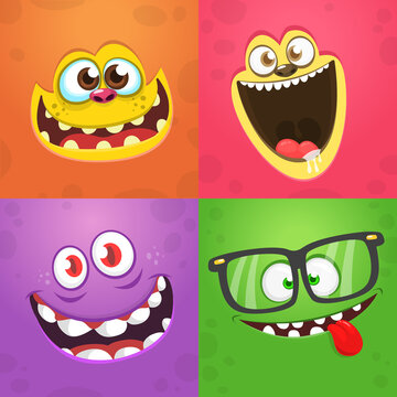 Funny cartoon monster faces set with different expressions. Vector illustration