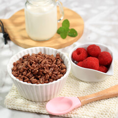Bowl with Chocolate Rice Crispy Cereal for Breakfast