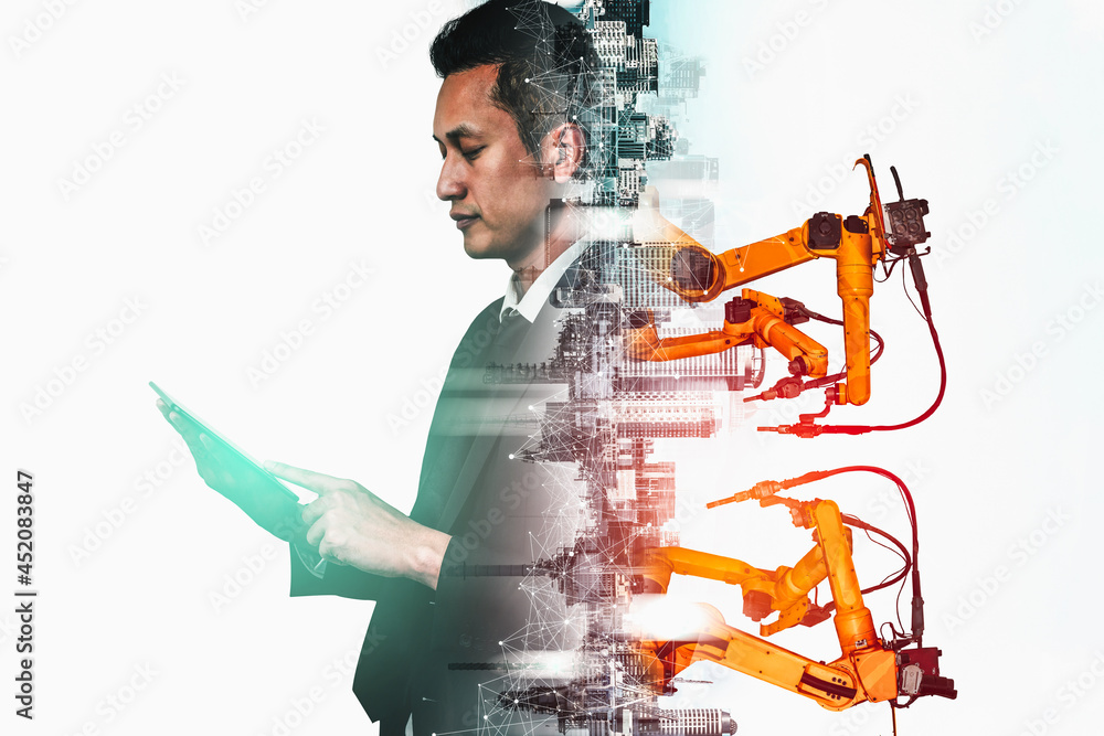 Poster mechanized industry robot arm and factory worker double exposure . concept of robotics technology fo