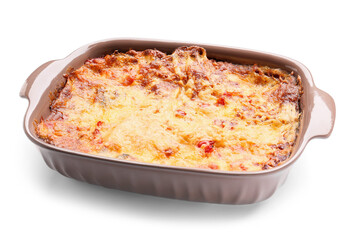 Baking dish with tasty vegetable lasagna on white background