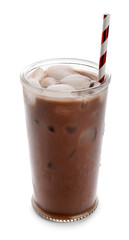 Glass of tasty chocolate milk on white background