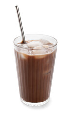 Glass of tasty chocolate milk on white background