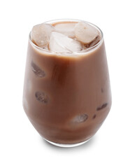 Glass of tasty chocolate milk on white background