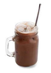 Mason jar of tasty chocolate milk on white background