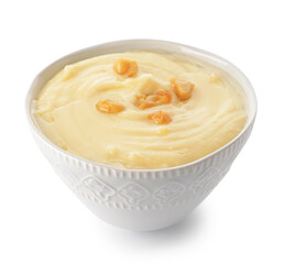 Bowl of tasty mashed potatoes with garlic on white background