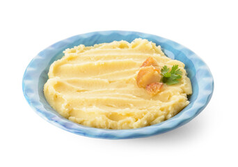 Plate of tasty mashed potatoes with garlic on white background