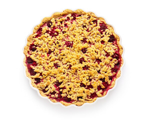 Baking dish with tasty cherry pie on white background
