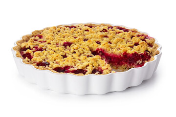 Baking dish with tasty cherry pie on white background